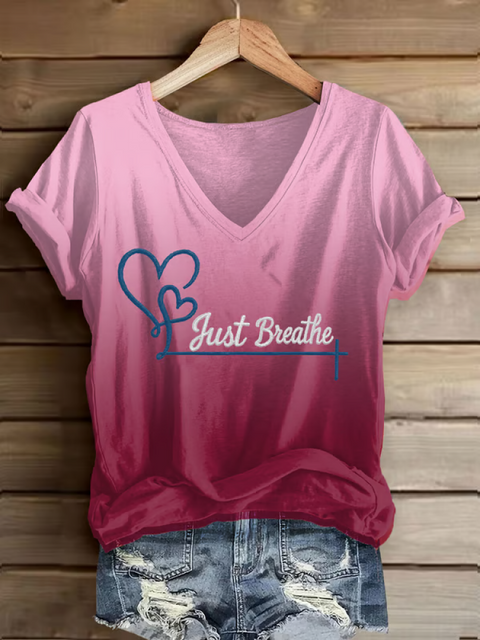 Women’s Just Breathe Mental Health Awareness V-neck Casual T-Shirt Pink / S