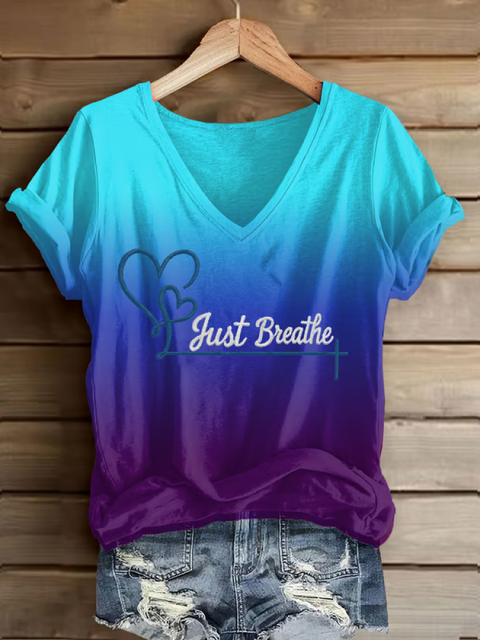 Women’s Just Breathe Mental Health Awareness V-neck Casual T-Shirt Purple / S