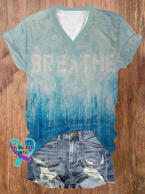 Women’s Just Breathe Mental Health Print V-Neck Short Sleeve T-Shirt As Shown / S