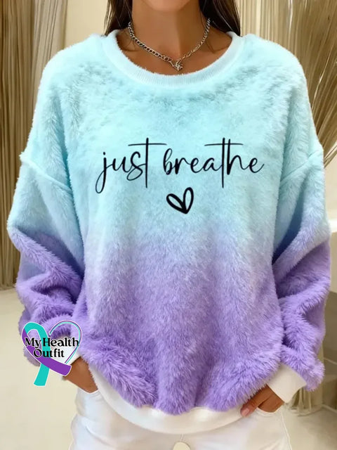 Women’s Just Breathe Pattern Art Print Casual Velvet Sweatshirt Blue / S