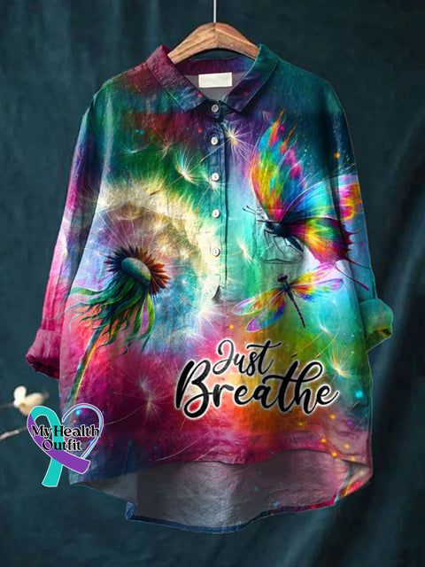 Women’s Just Breathe Print Casual Cotton And Linen Shirt Multicolor / S
