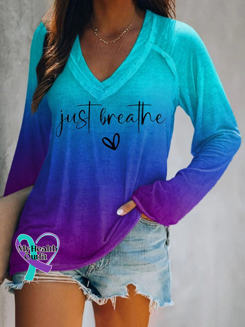 Women’s Just Breathe Print Casual T-Shirt Blue / S