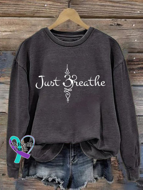 Women’s Just Breathe Print Round Neck Sweatshirt Dark Grey / S