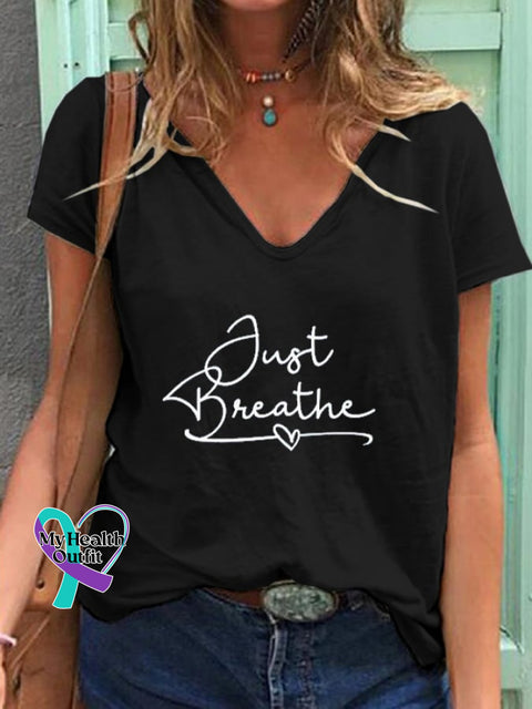 Women’s Just Breathe Print V Neck T-Shirt Black / S