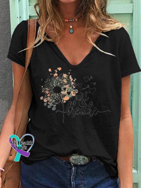 Women’s Just Breathe Print V Neck T-Shirt Black / S