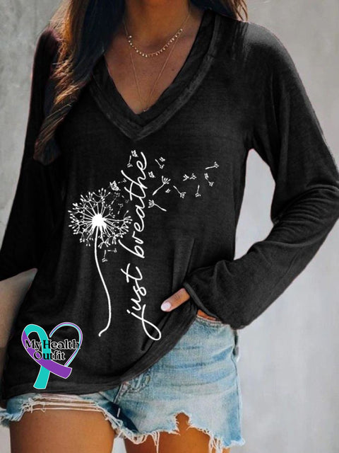 Women’s Just Breathe Print V-Neck T-Shirt Black / S
