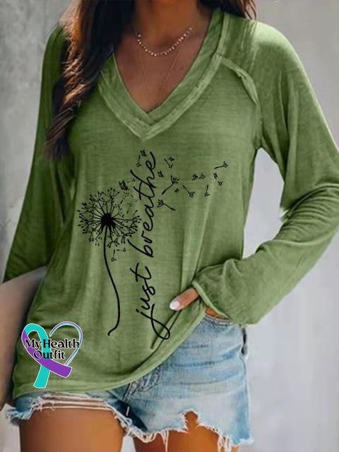Women’s Just Breathe Print V-Neck T-Shirt Green / S