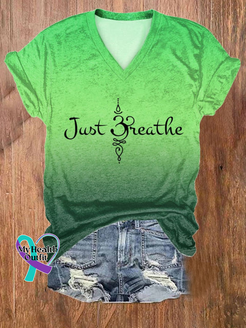 Women’s Just Breathe Print V Neck T-Shirt Green / S