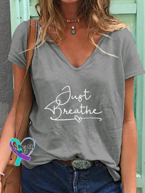 Women’s Just Breathe Print V Neck T-Shirt Grey / S