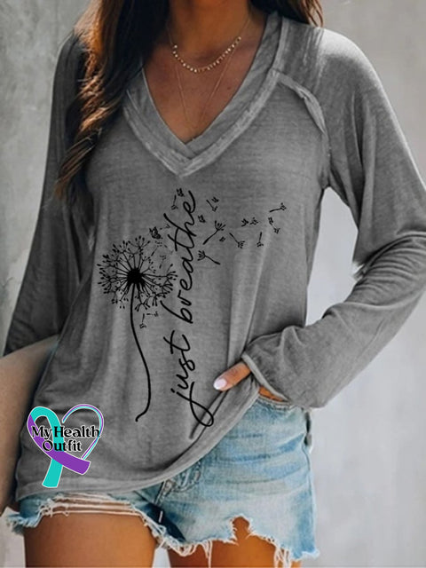 Women’s Just Breathe Print V-Neck T-Shirt Grey / S