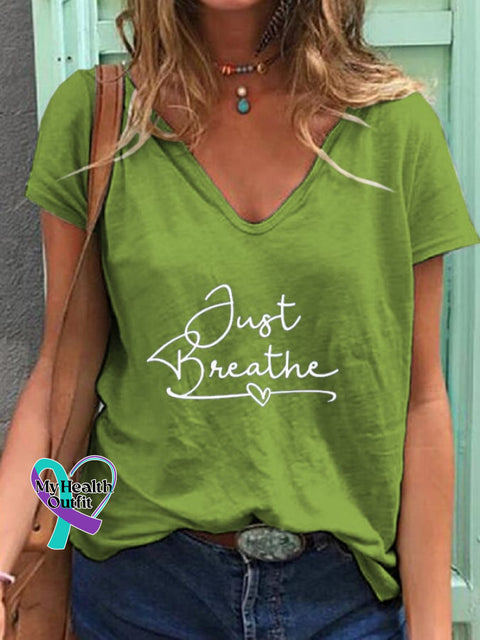 Women’s Just Breathe Print V Neck T-Shirt Light Green / S