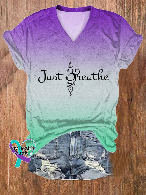 Women’s Just Breathe Print V Neck T-Shirt Purple / S