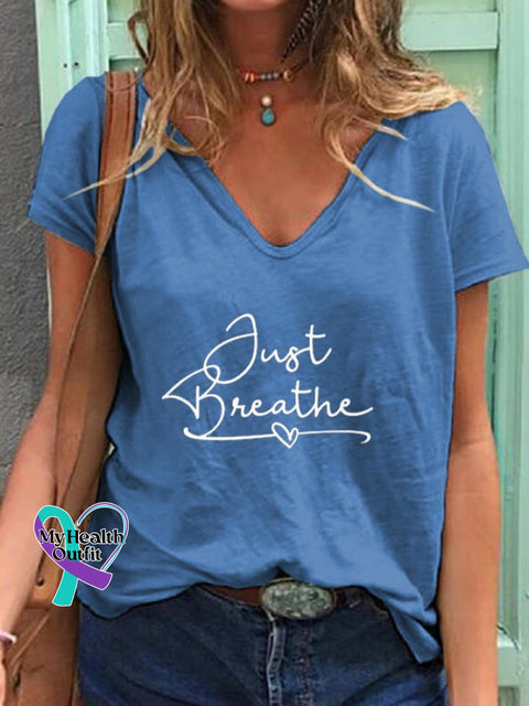 Women’s Just Breathe Print V Neck T-Shirt Royal Blue / S
