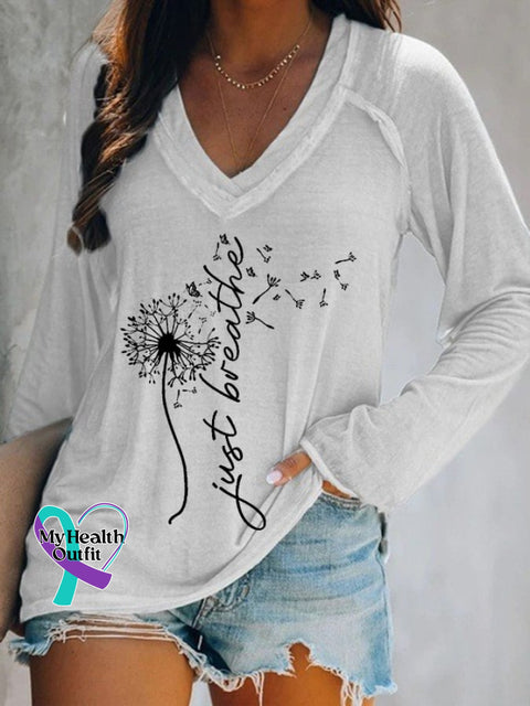 Women’s Just Breathe Print V-Neck T-Shirt White / S