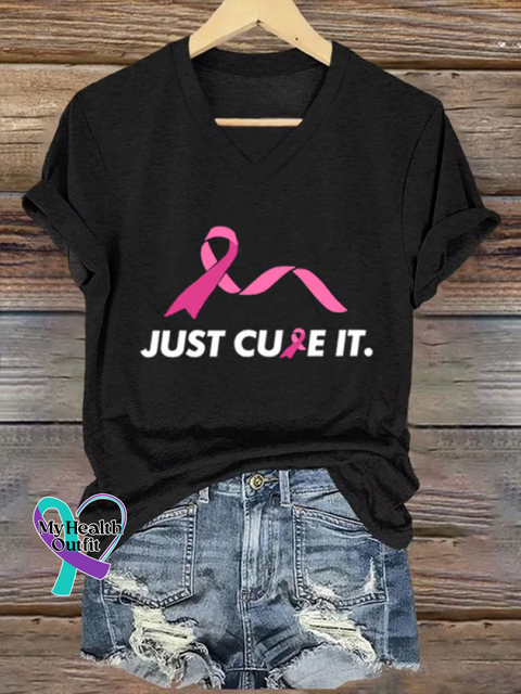 Women’s Just Cure It Breast Cancer Awareness V-neck Casual T-Shirt Black / S