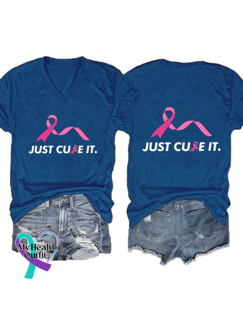 Women’s Just Cure It Breast Cancer Awareness V-neck Casual T-Shirt Blue / S