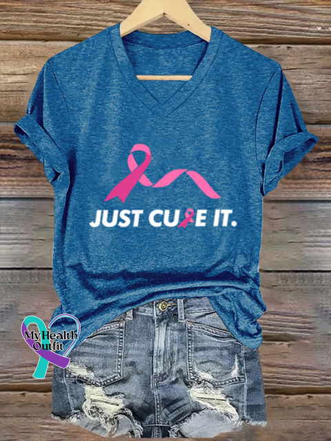 Women’s Just Cure It Breast Cancer Awareness V-neck Casual T-Shirt Blue / S