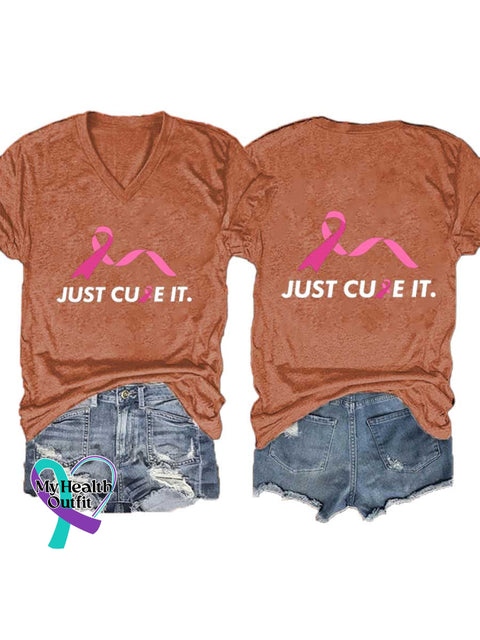 Women’s Just Cure It Breast Cancer Awareness V-neck Casual T-Shirt Orange / S