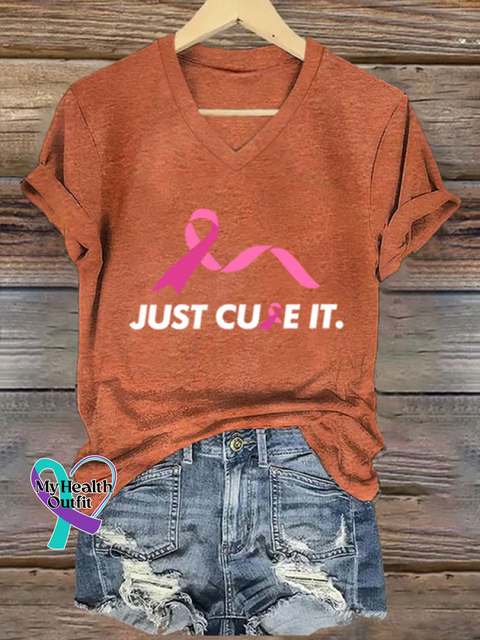 Women’s Just Cure It Breast Cancer Awareness V-neck Casual T-Shirt Orange / S