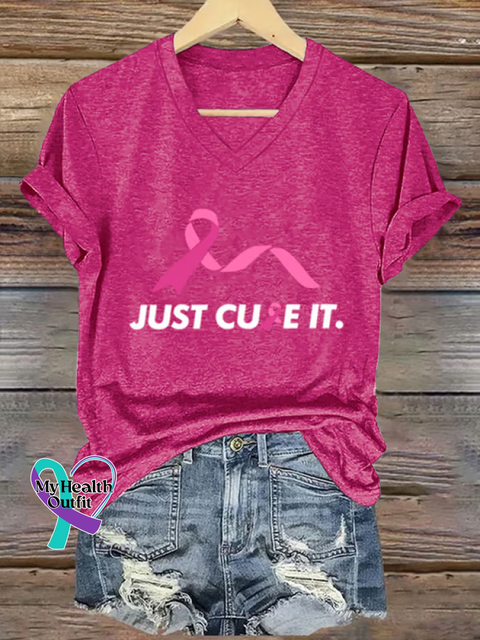 Women’s Just Cure It Breast Cancer Awareness V-neck Casual T-Shirt Pink / S