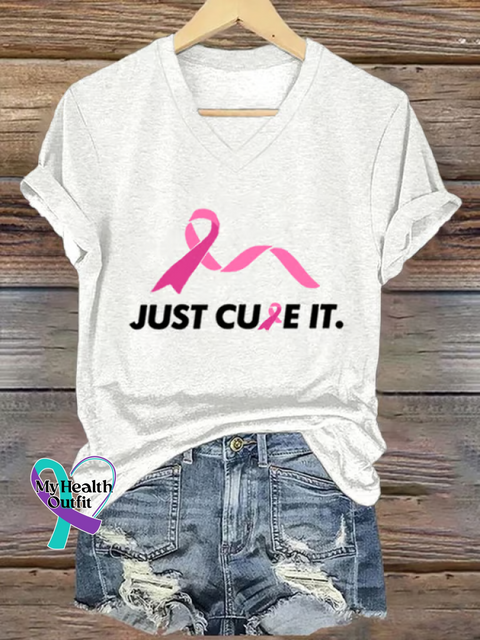 Women’s Just Cure It Breast Cancer Awareness V-neck Casual T-Shirt White / S