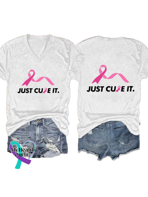 Women’s Just Cure It Breast Cancer Awareness V-neck Casual T-Shirt White / S