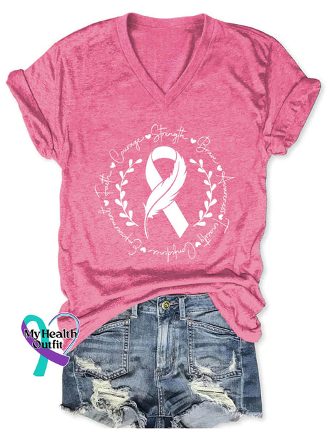 Women’s Keep Fighting Heart V-Neck Casual T-Shirt Pink / S