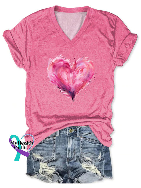 Women’s Keep Fighting Heart V-Neck Casual T-Shirt Pink / S