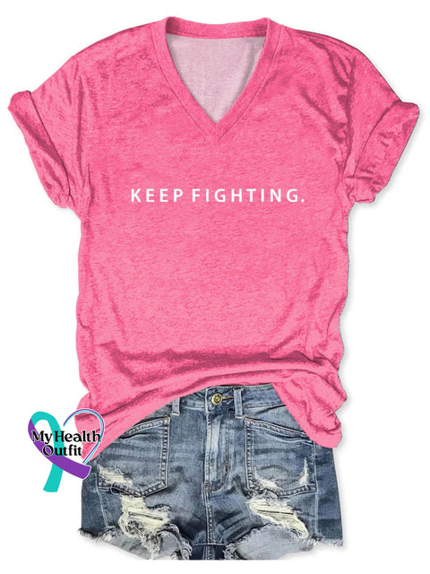 Women’s Keep Fighting V-Neck Casual T-Shirt Multicolor / S