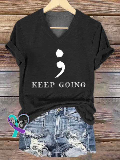 Women’s KEEP GOING Colon V-neck Casual T-Shirt Black / S