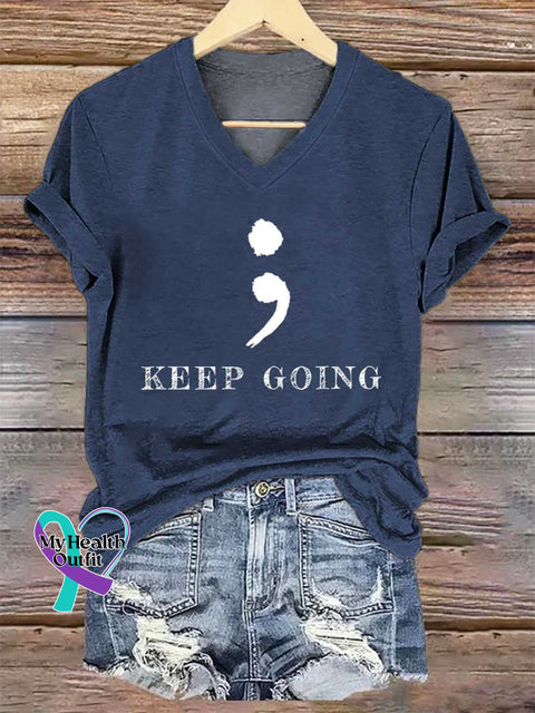 Women’s KEEP GOING Colon V-neck Casual T-Shirt Blue / S