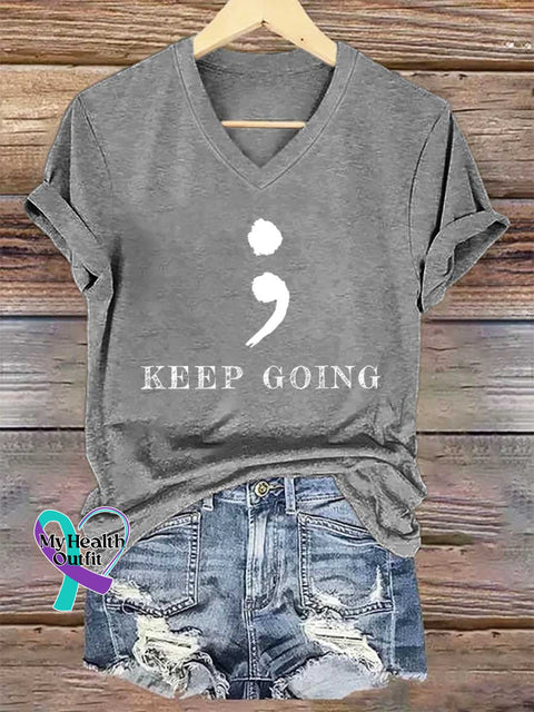 Women’s KEEP GOING Colon V-neck Casual T-Shirt Grey / S