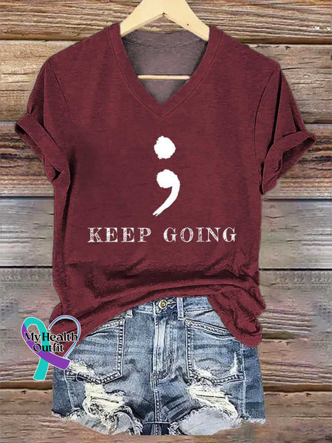 Women’s KEEP GOING Colon V-neck Casual T-Shirt Red / S