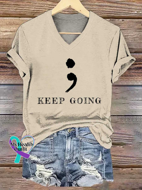 Women’s KEEP GOING Colon V-neck Casual T-Shirt Sand / S