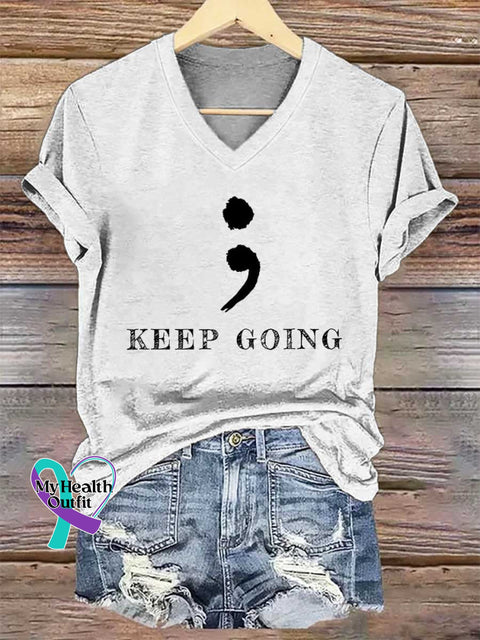 Women’s KEEP GOING Colon V-neck Casual T-Shirt White / S