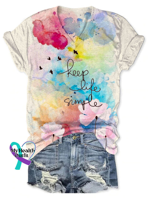 Women’s Keep Life Simple Art Print V-neck Casual T-Shirt Multicolor / S