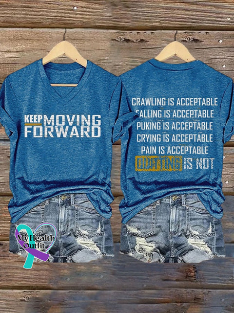 Women’s Keep Moving Forward Quitting Is Not Printed Casual V-Neck T-Shirt Blue / S