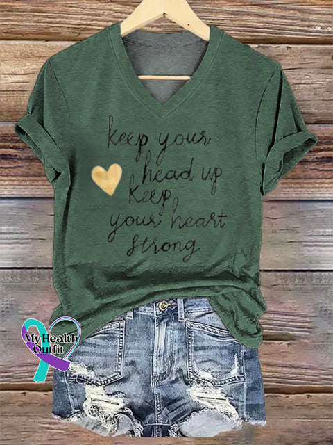 Women’s Keep Your Head Up Keep Your Heart Strong V-neck Casual T-Shirt Green / S