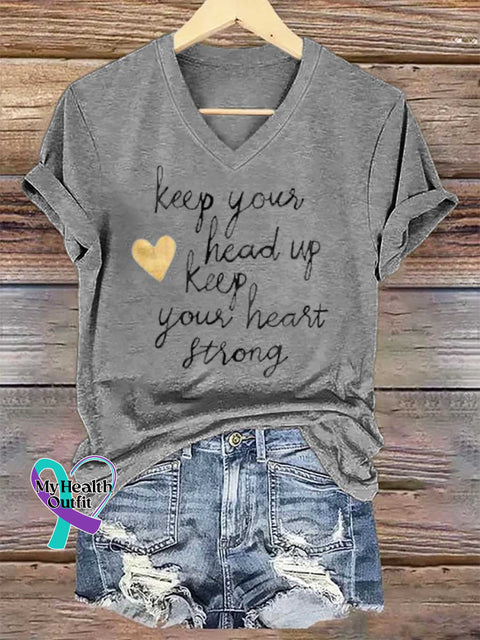Women’s Keep Your Head Up Keep Your Heart Strong V-neck Casual T-Shirt Grey / S