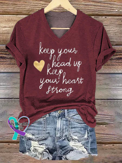 Women’s Keep Your Head Up Keep Your Heart Strong V-neck Casual T-Shirt Red / S