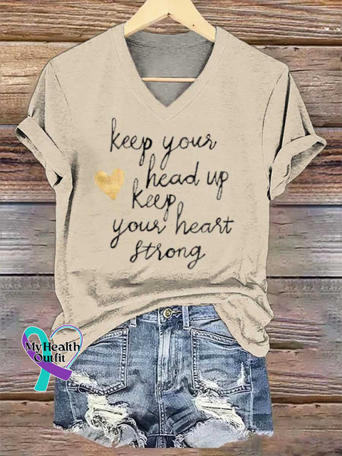 Women’s Keep Your Head Up Keep Your Heart Strong V-neck Casual T-Shirt Sand / S