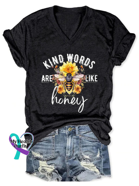 Women’s Kind Words Are Like Honey Print Casual T-Shirt Black / S