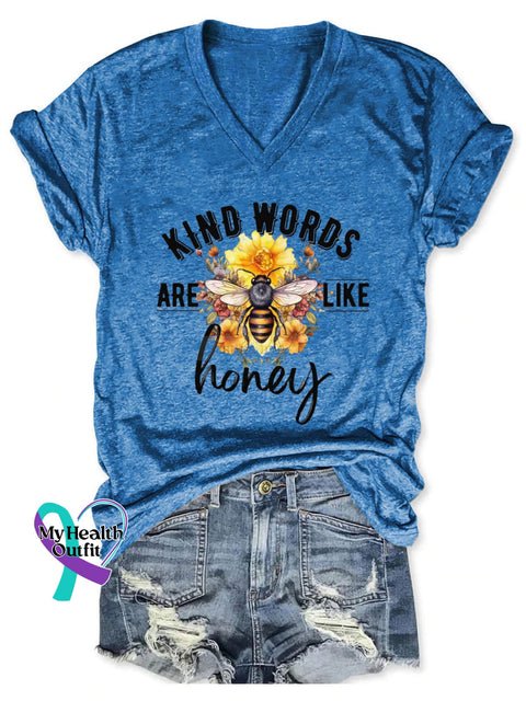 Women’s Kind Words Are Like Honey Print Casual T-Shirt Blue / S