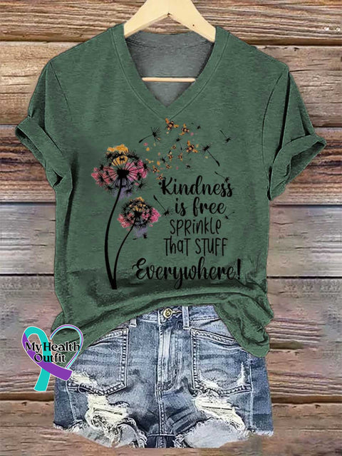 Women’s Kindness Is Free SPRinkle That STUFF Everywhere Dandelion V-neck Casual T-Shirt Green / S