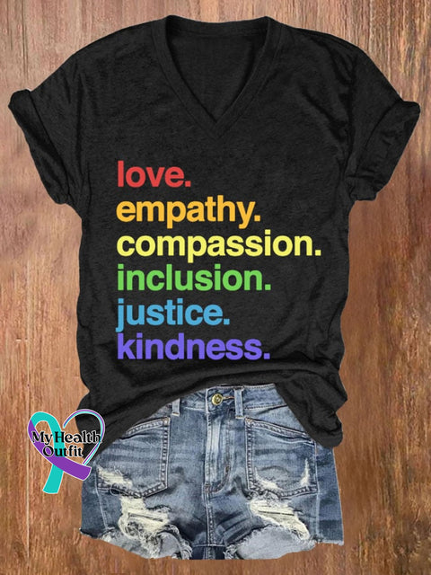 Women’s Kindness Is Pride Print V Neck Casual T-Shirt Black / S