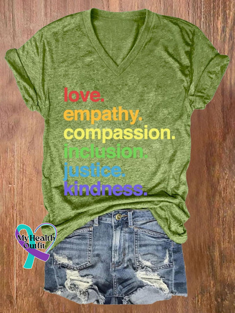 Women’s Kindness Is Pride Print V Neck Casual T-Shirt Green / S