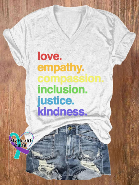 Women’s Kindness Is Pride Print V Neck Casual T-Shirt White / S