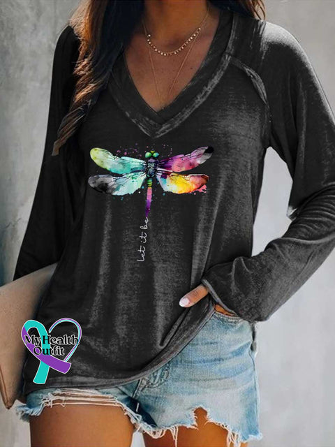 Women’s Let It Be Dragonfly Print Casual V Neck Long Sleeve Tops Black / S