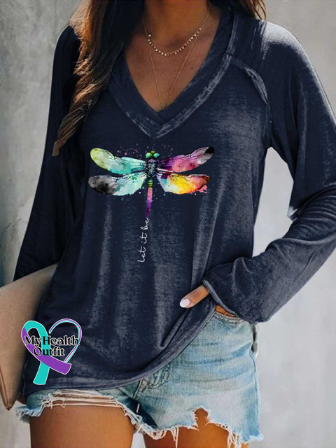 Women’s Let It Be Dragonfly Print Casual V Neck Long Sleeve Tops Blue / S