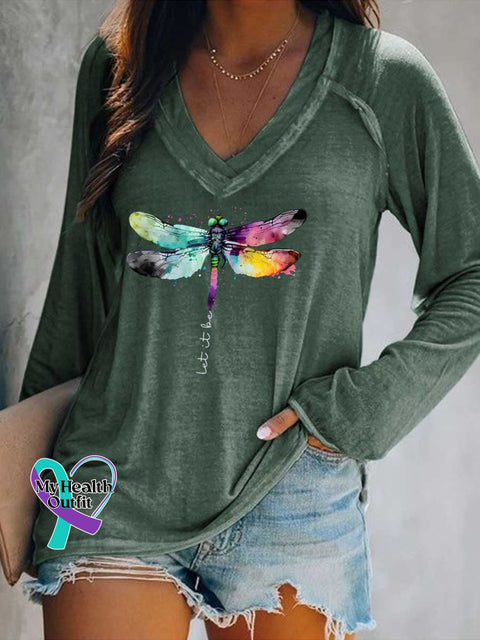 Women’s Let It Be Dragonfly Print Casual V Neck Long Sleeve Tops Green / S